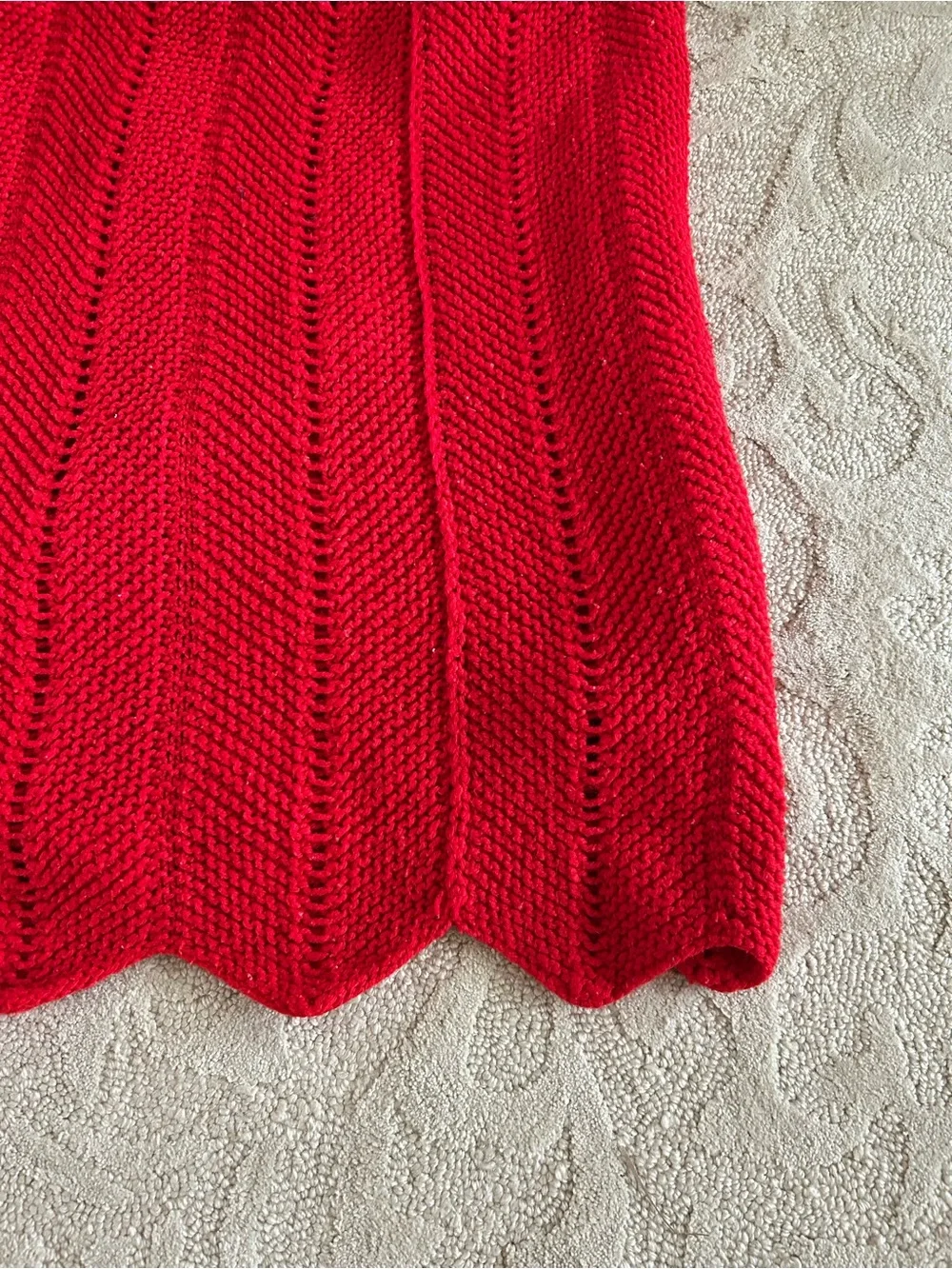 Vintage Handmade Afghan Blanket Crochet Knit 45x60 Red Scalloped Hem Holiday